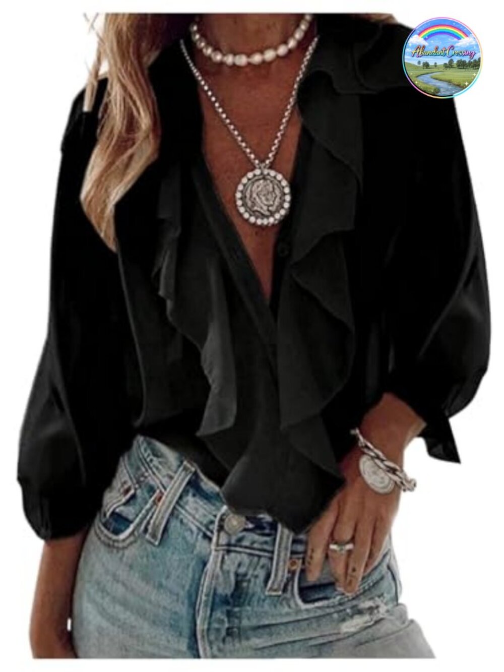Womens Ruffled V-Neck Button Down Blouse Dressy Business Casual Top